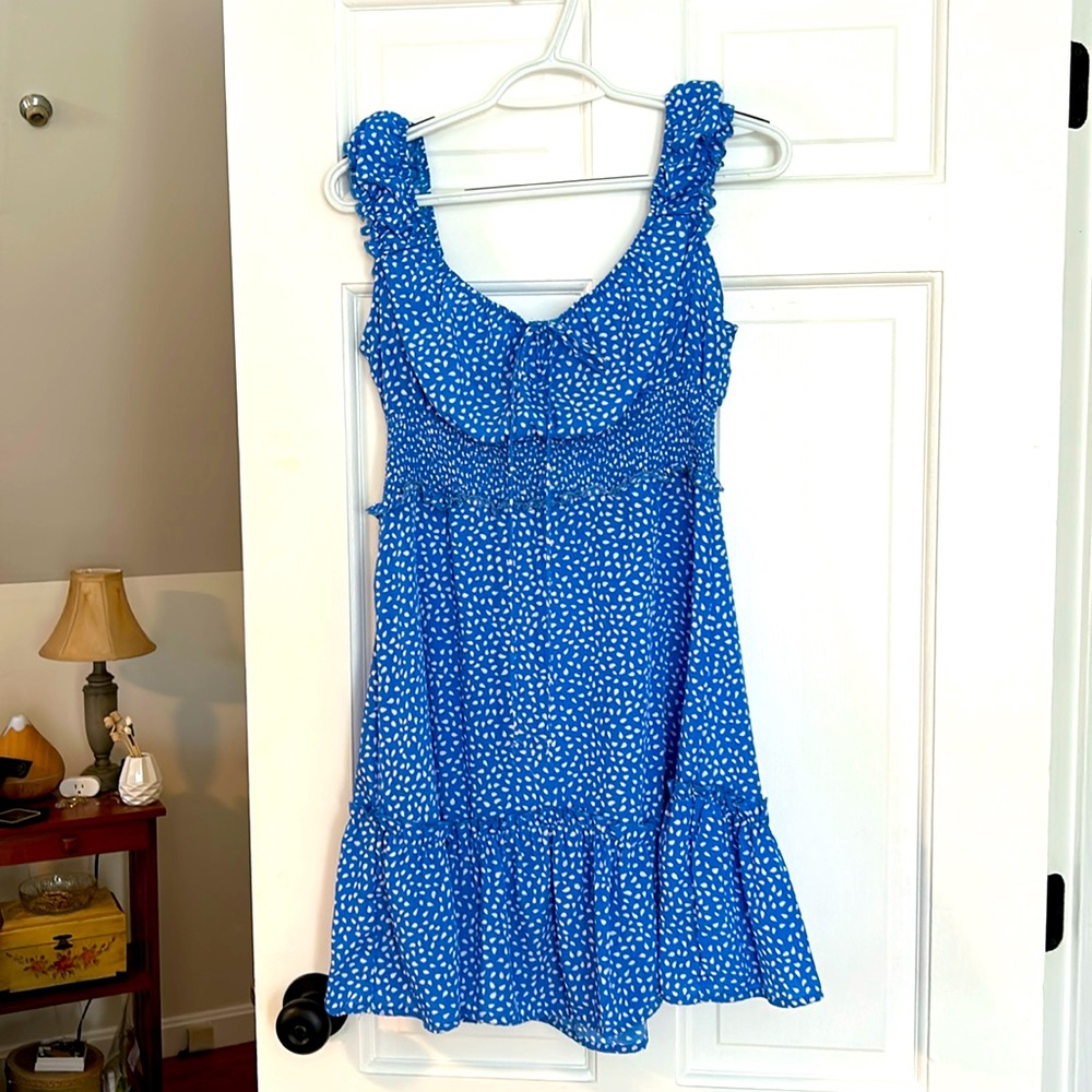 Blue and white polka dot dress